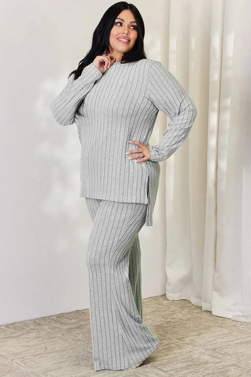 Basic Bae Full Size Ribbed High-Low Top and Wide Leg Pants Set - Love Salve